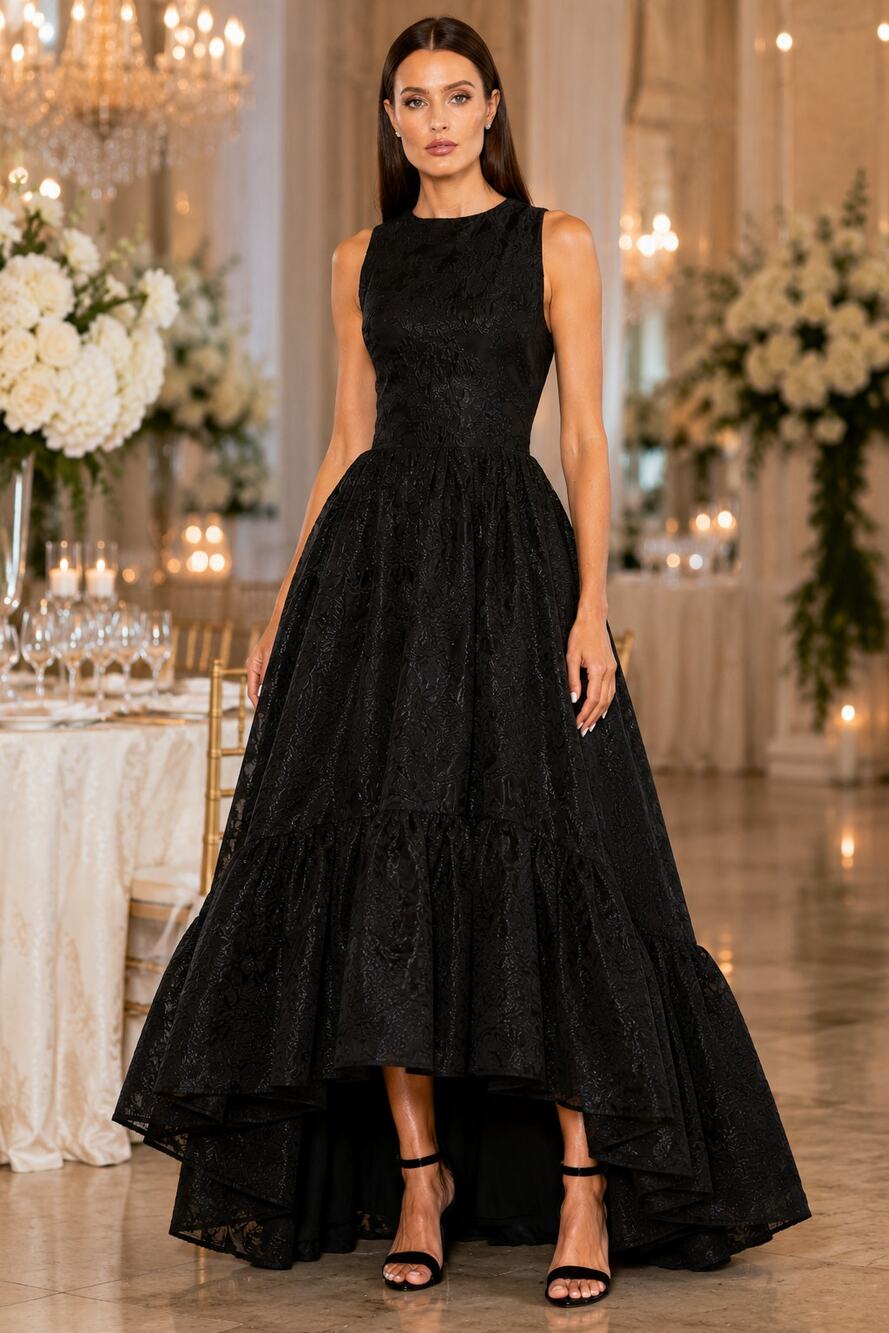 New with Tags Mac Duggal Black Embroidered High Low A-Line Evening Gown Size 8